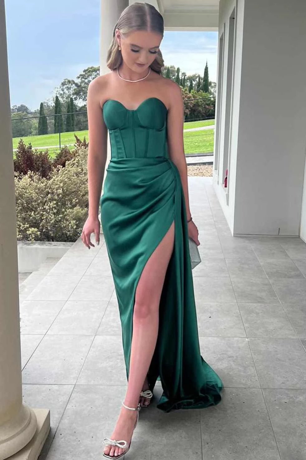 Harriet | Mermaid Strapless Sweetheart Pleated High Slit Satin Long Prom Dress by KissProm