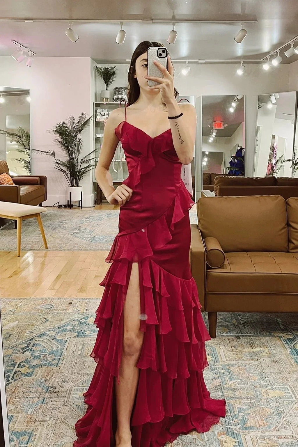 Hartlyn | Tie Shoulder Red Mermaid Ruffle Tiered Long Prom Dress with Slit by KissProm