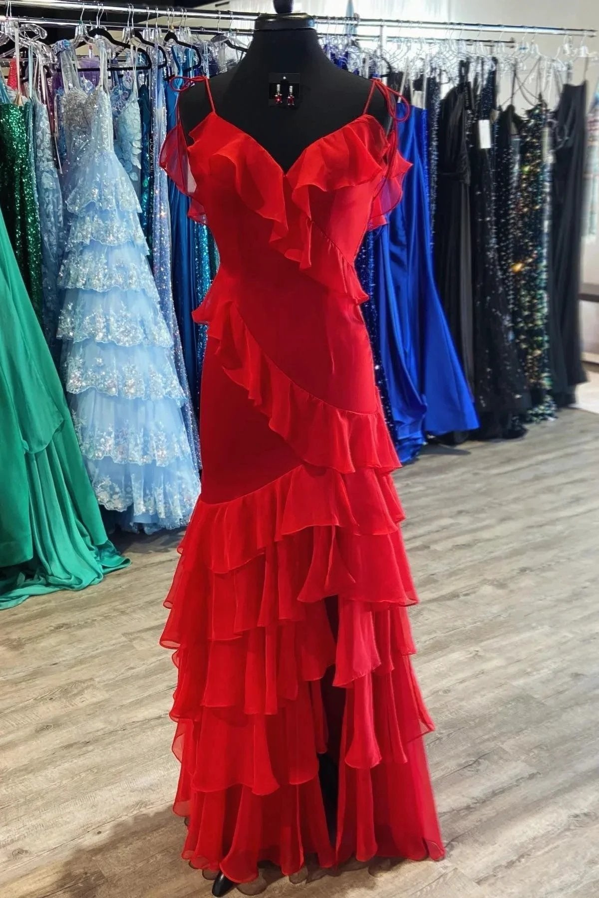 Hartlyn | Tie Shoulder Red Mermaid Ruffle Tiered Long Prom Dress with Slit by KissProm
