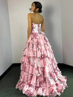 Haruko | A-Line Blush Strapless Chiffon Floral Ruffled Prom Dress With Slit by KissProm