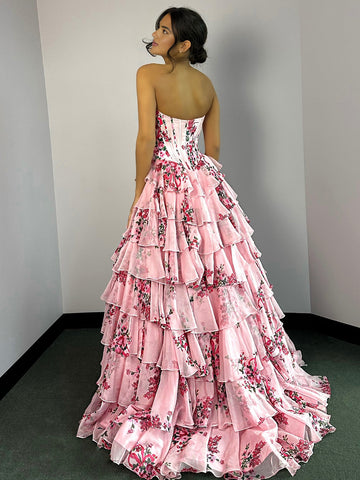Haruko | Vestido de fiesta de gasa con volantes, floral, sin tirantes, color rubor, con abertura y corte A