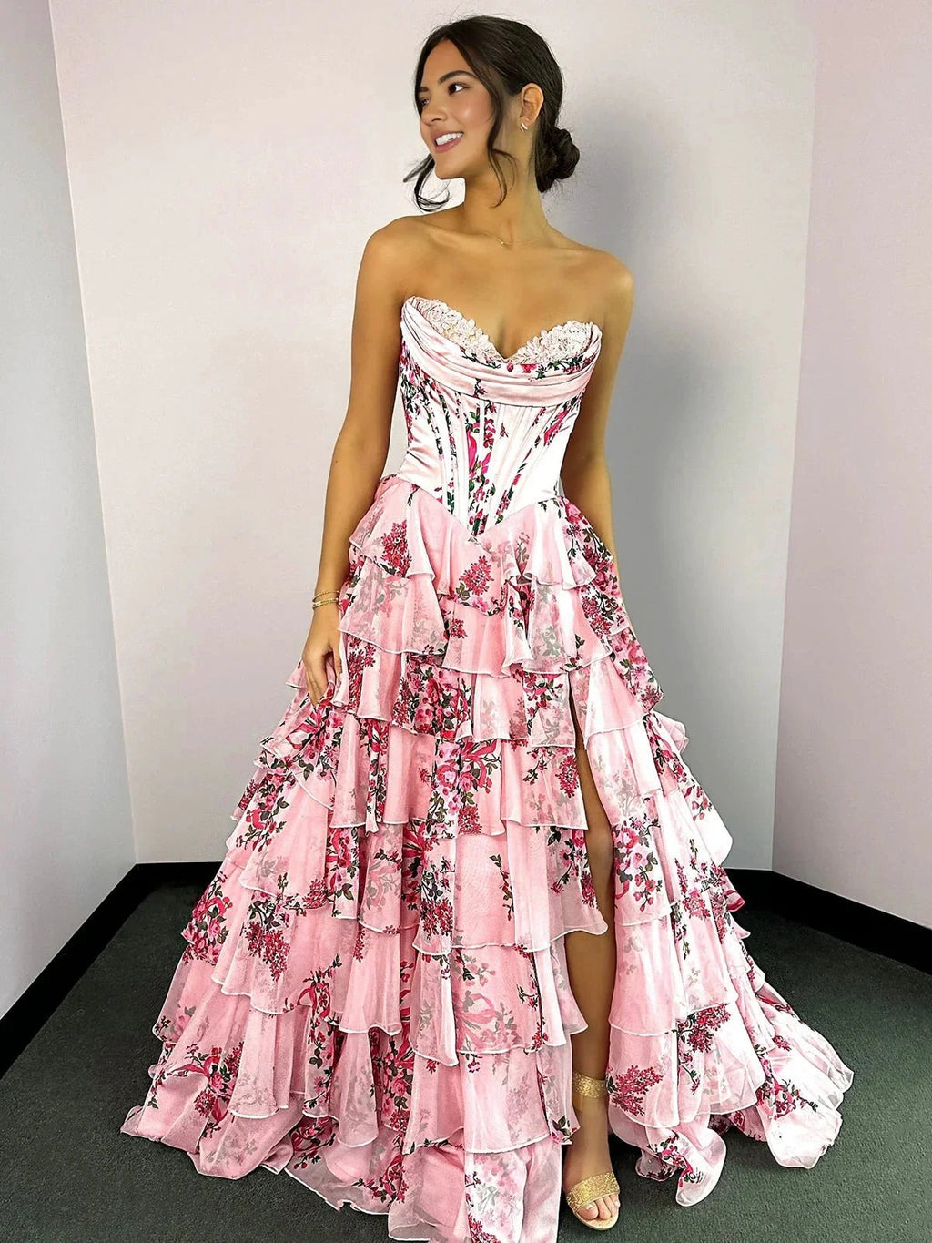 Haruko | A-Line Blush Strapless Chiffon Floral Ruffled Prom Dress With Slit by KissProm