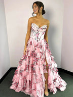 Haruko | A-Line Blush Strapless Chiffon Floral Ruffled Prom Dress With Slit by KissProm