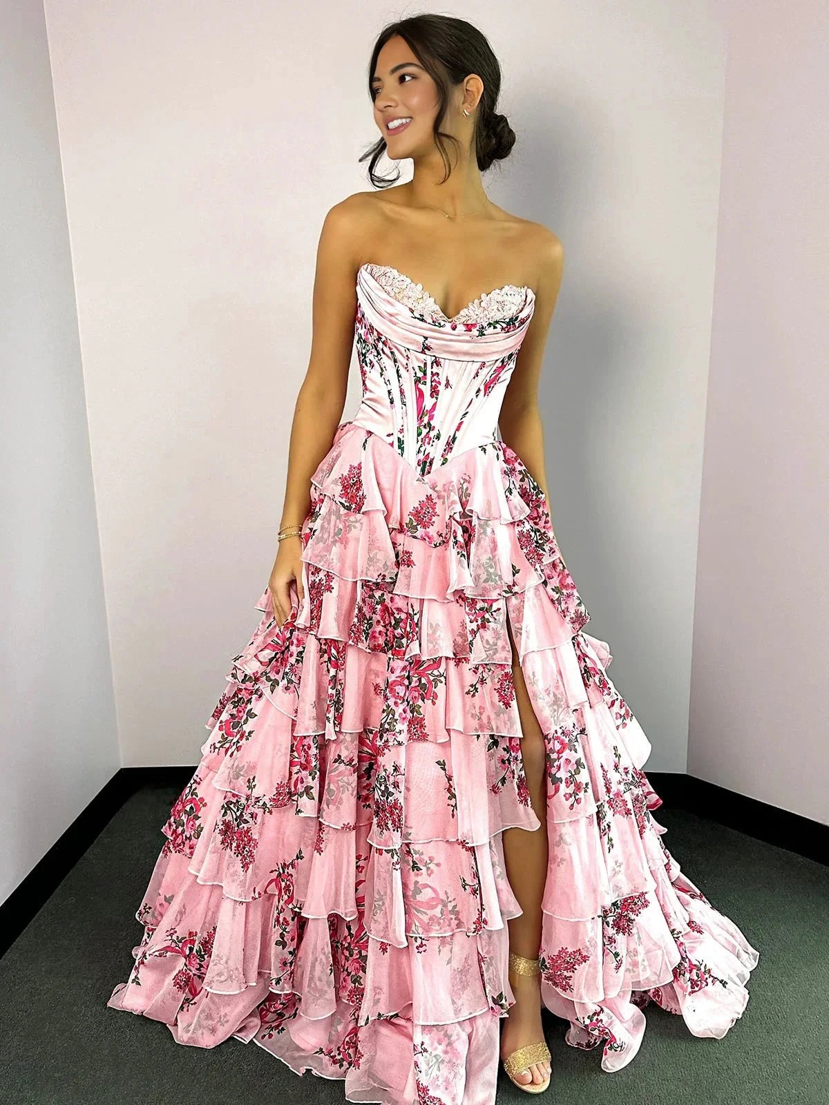 Haruko | A-Line Blush Strapless Chiffon Floral Ruffled Prom Dress With Slit by KissProm