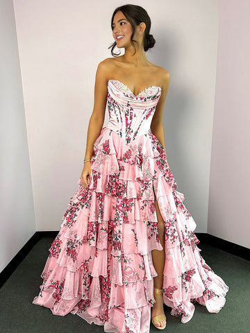 Haruko | Vestido de fiesta de gasa con volantes, floral, sin tirantes, color rubor, con abertura y corte A