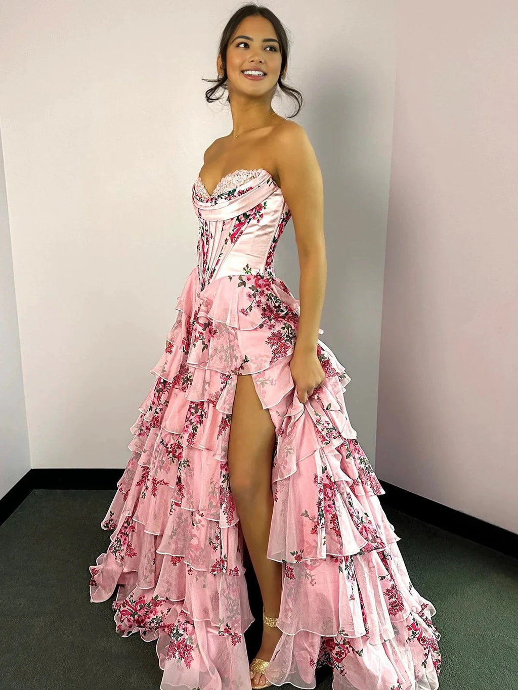 Haruko | A-Line Blush Strapless Chiffon Floral Ruffled Prom Dress With Slit by KissProm
