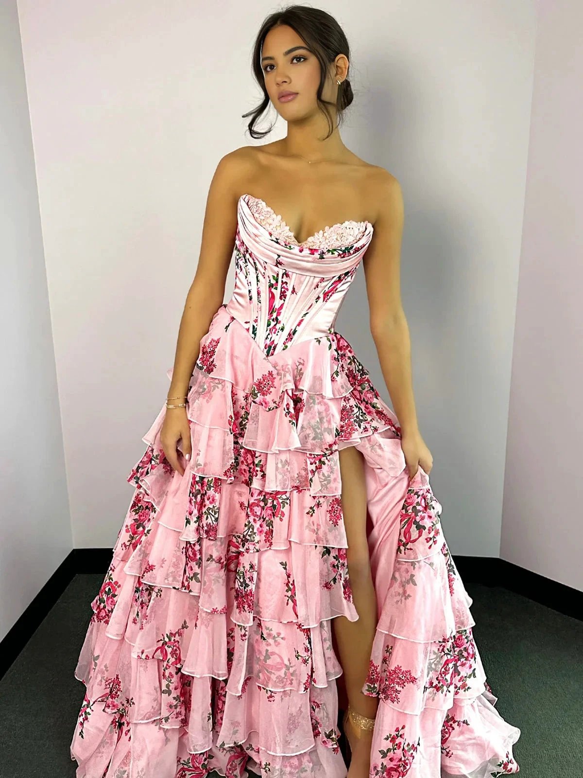 Haruko | A-Line Blush Strapless Chiffon Floral Ruffled Prom Dress With Slit by KissProm