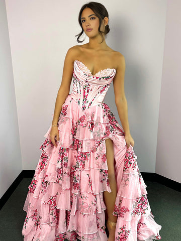 Haruko | Vestido de fiesta de gasa con volantes, floral, sin tirantes, color rubor, con abertura y corte A