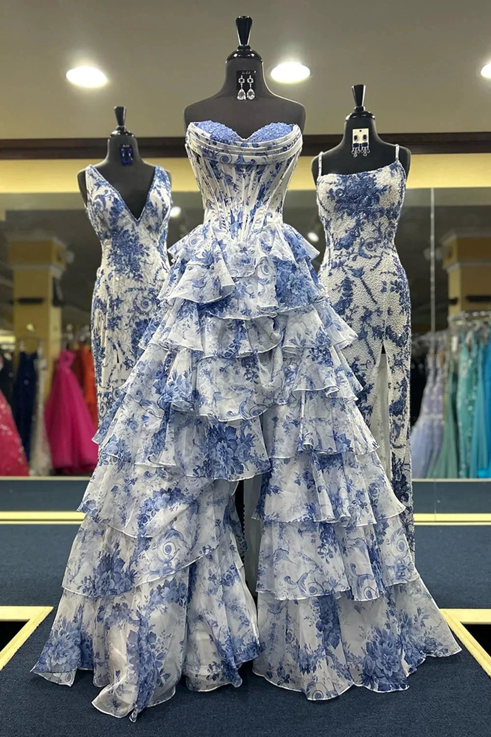 Haruko | A Line Floral Blush Tiered Chiffon Long Corset Prom Dress with Slit by KissProm
