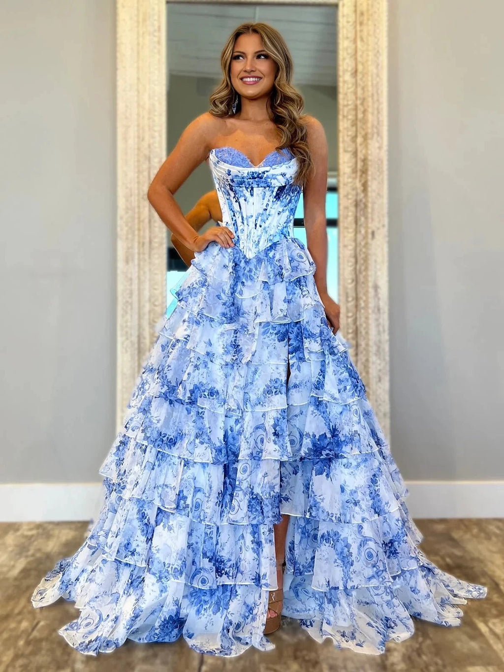 Haruko | A-Line Blush Strapless Chiffon Floral Ruffled Prom Dress With Slit by KissProm