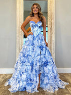 Haruko | A-Line Blush Strapless Chiffon Floral Ruffled Prom Dress With Slit by KissProm