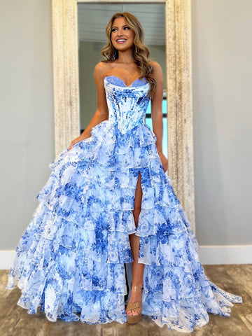 Haruko | Vestido de fiesta de gasa con volantes, floral, sin tirantes, color rubor, con abertura y corte A