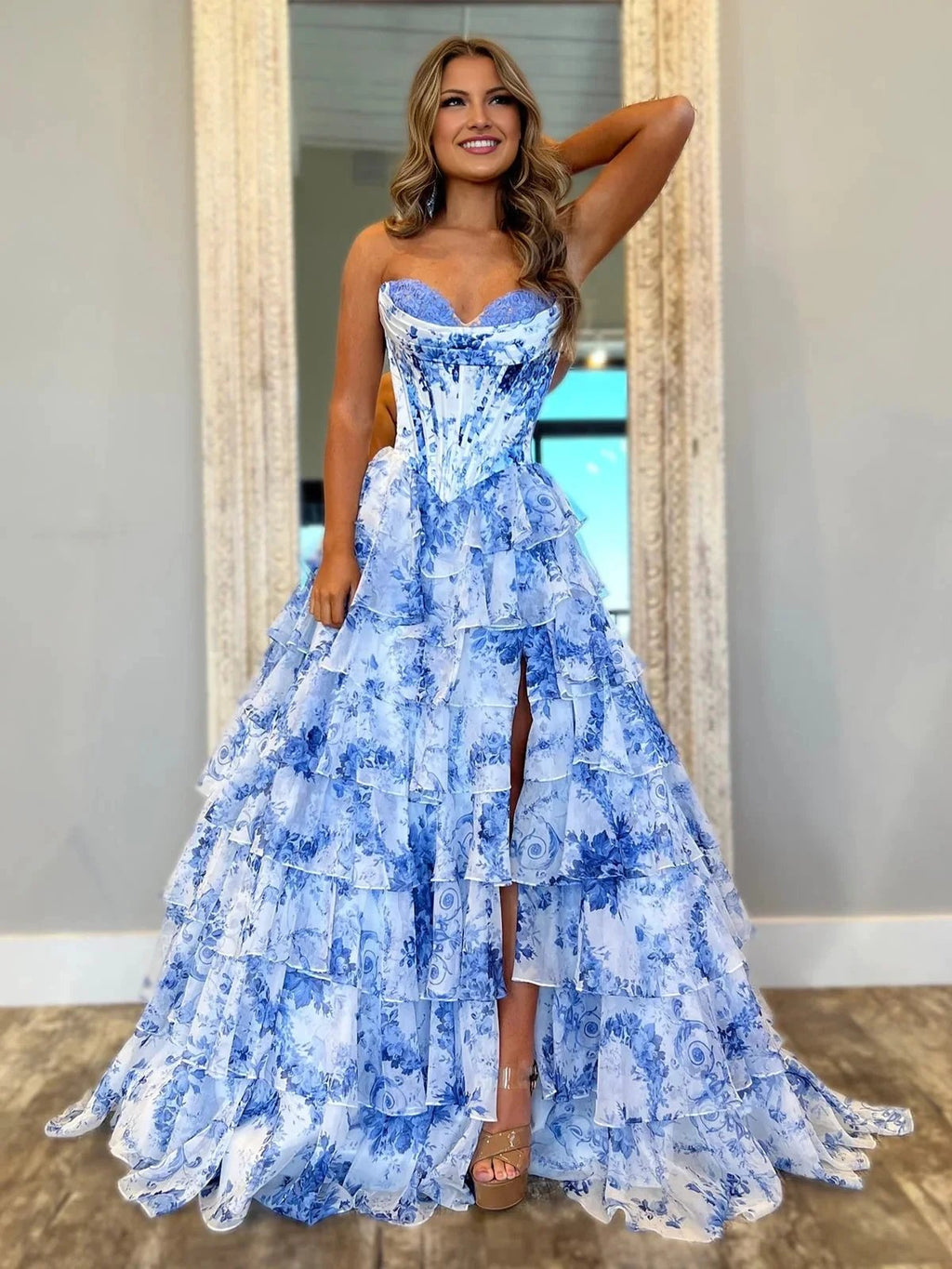 Haruko | A-Line Blush Strapless Chiffon Floral Ruffled Prom Dress With Slit by KissProm