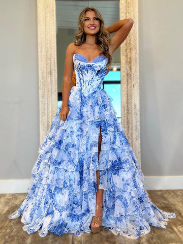 Haruko | Vestido de fiesta de gasa con volantes, floral, sin tirantes, color rubor, con abertura y corte A