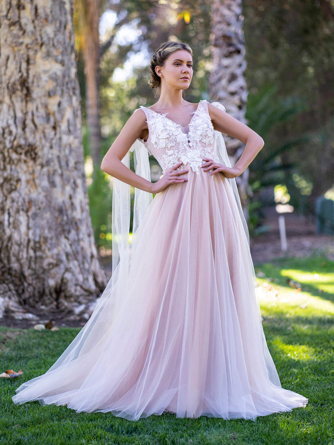 V-neck Lace Tulle Bow Straps Sweep Train Prom Dress Hover Image