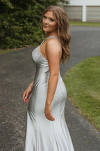 Hedy | Silver Halter Mermaid Satin Beaded Prom Dress With Split by KissProm