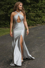 Hedy | Silver Halter Mermaid Satin Beaded Prom Dress With Split by KissProm