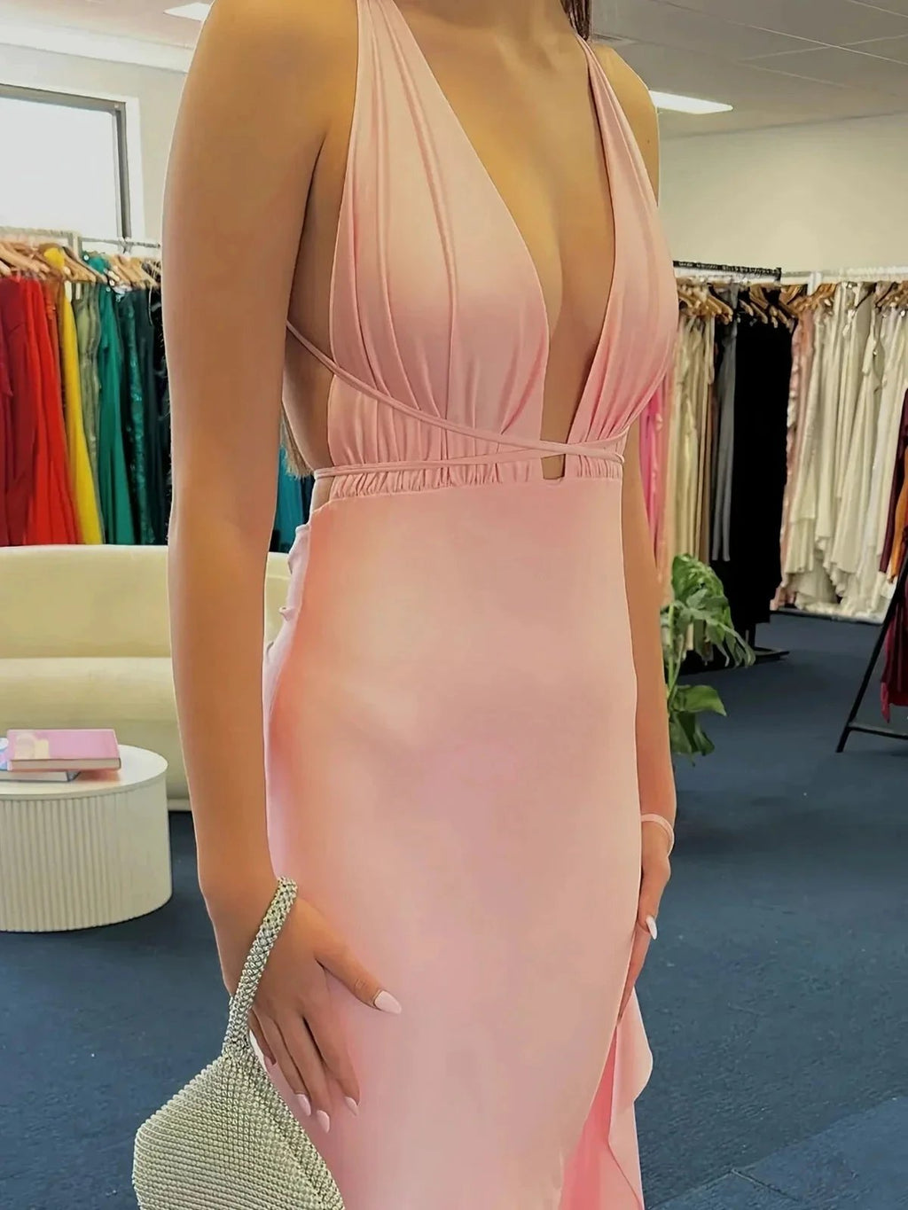 Helaina | Plunge Neck Light Pink Mermaid Satin Long Prom Dress by KissProm