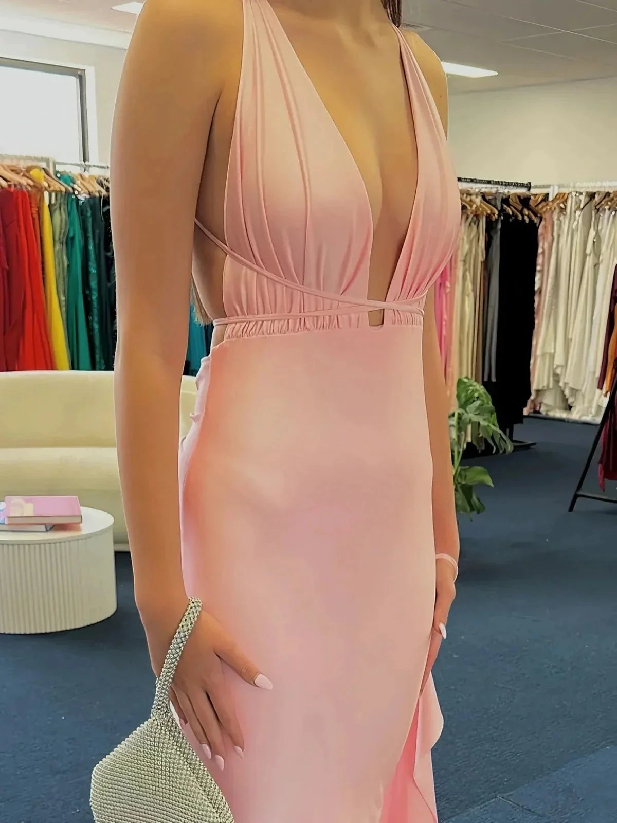 Helaina | Plunge Neck Light Pink Mermaid Satin Long Prom Dress by KissProm