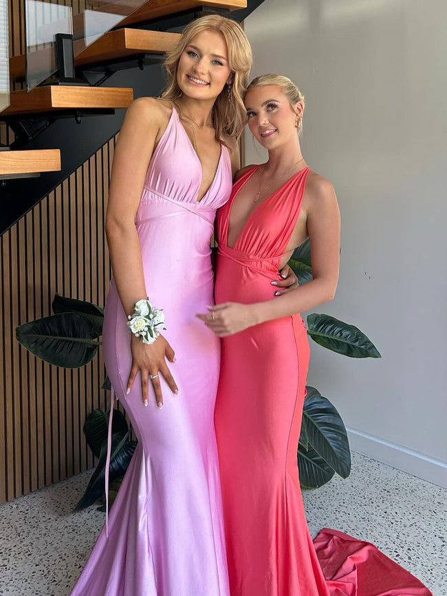 Helaina | Plunge Neck Light Pink Mermaid Satin Long Prom Dress Main Image