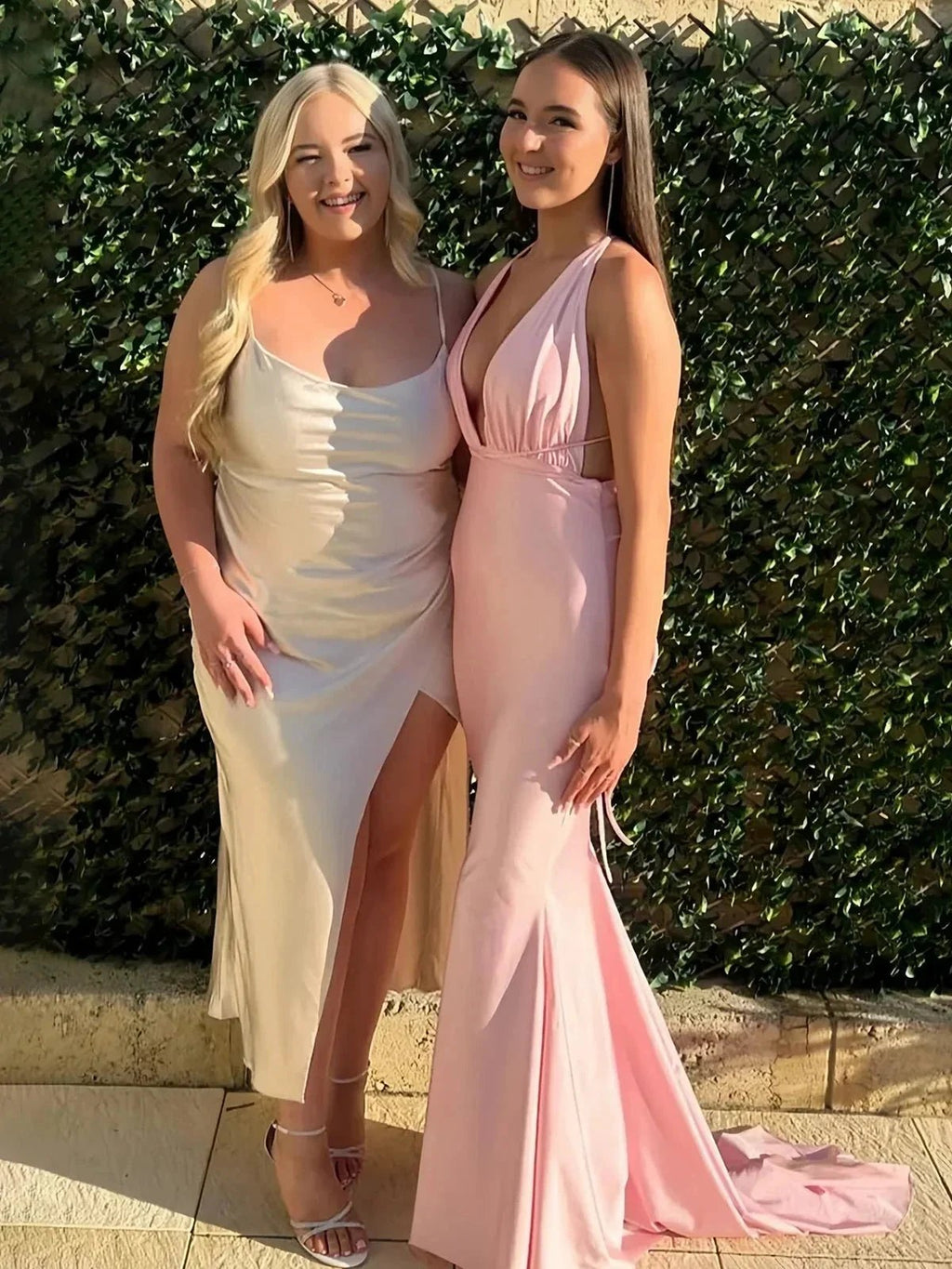 Helaina | Plunge Neck Light Pink Mermaid Satin Long Prom Dress by KissProm