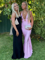 Helaina | Plunge Neck Light Pink Mermaid Satin Long Prom Dress by KissProm