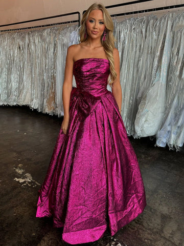 Heloise | Vestido de fiesta largo fucsia sin tirantes, corte A y lazo