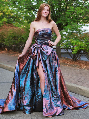 Heloise | Vestido de fiesta largo fucsia sin tirantes, corte A y lazo