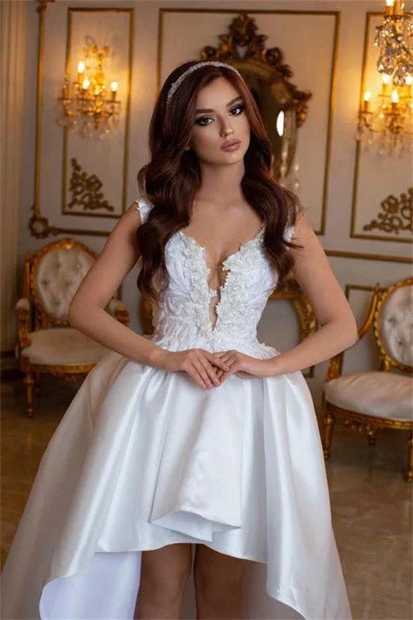 High Low V-neck Satin Lace White Wedding Dress by Biztunnel