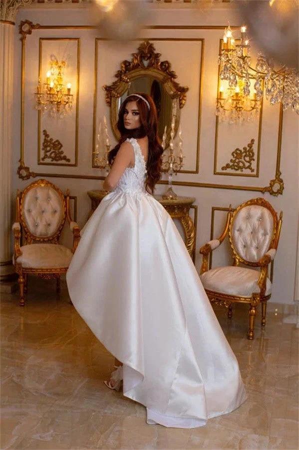 High Low V-neck Satin Lace White Wedding Dress by Biztunnel