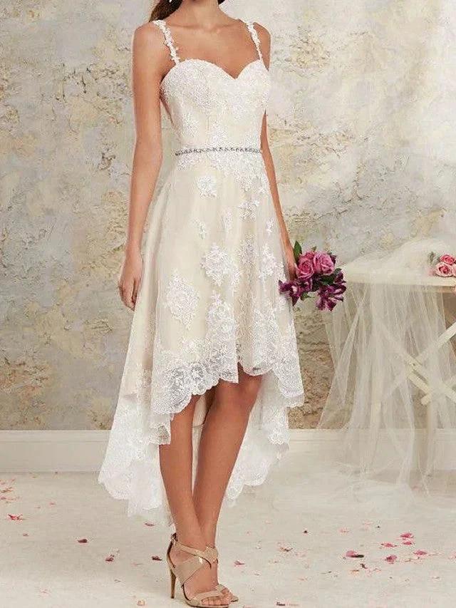 High Low A-Line Asymmetrical Lace Tulle Sleeveless Wedding Dresses by BIZTUNNEL