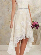 High Low A-Line Asymmetrical Lace Tulle Sleeveless Wedding Dresses by BIZTUNNEL
