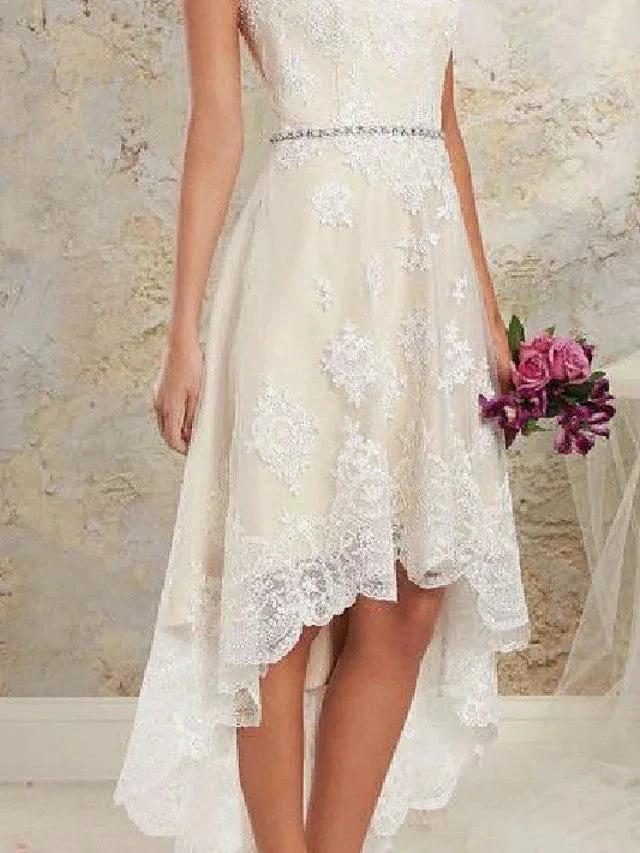 High Low A-Line Asymmetrical Lace Tulle Sleeveless Wedding Dresses by BIZTUNNEL