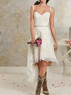 High Low A-Line Asymmetrical Lace Tulle Sleeveless Wedding Dresses by BIZTUNNEL