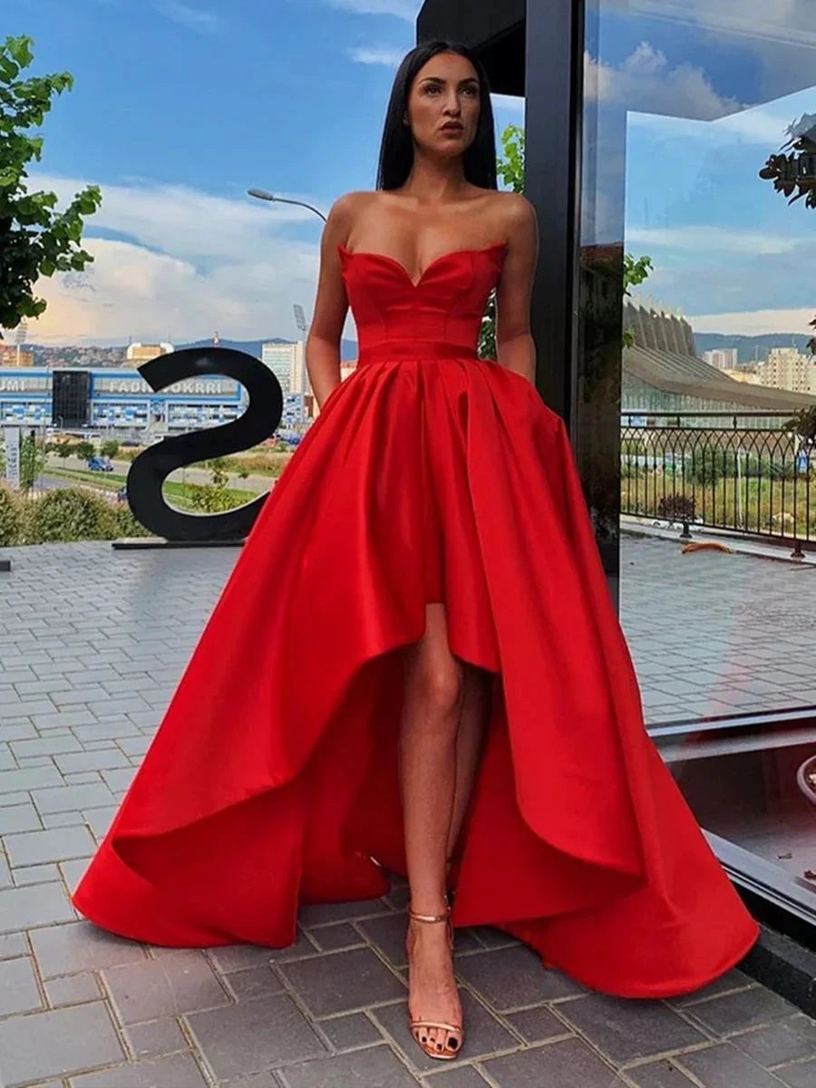 High Low A-line Sweetheart Red Formal Prom Dresses with Pockets by BIZTUNNEL