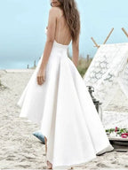 High Low A-Line V Neck Spaghetti Strap Satin Wedding Dresses with Pockets by BIZTUNNEL