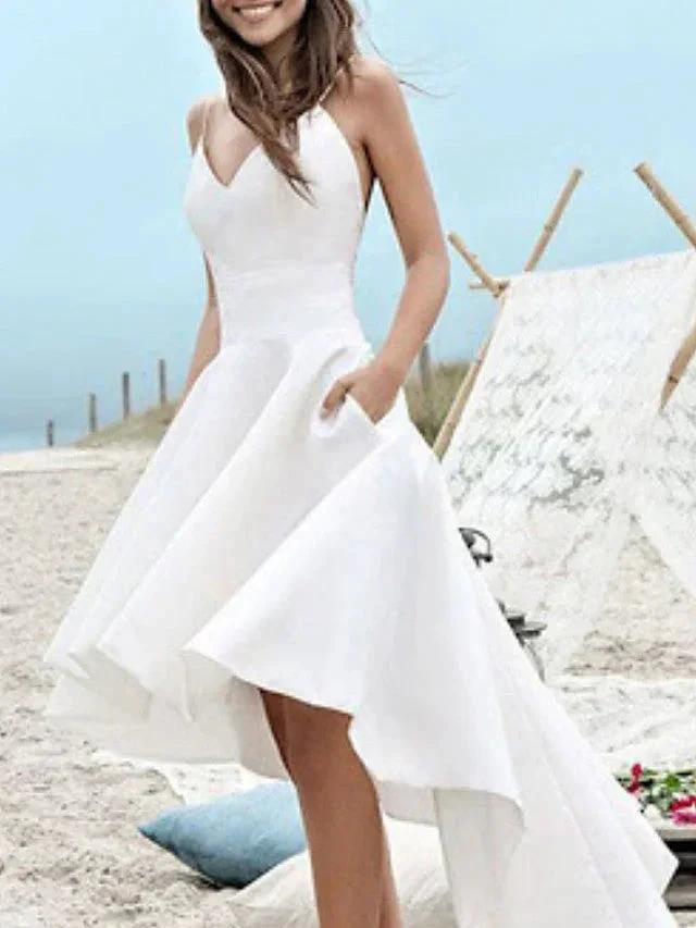 High Low A-Line V Neck Spaghetti Strap Satin Wedding Dresses with Pockets by BIZTUNNEL