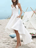 High Low A-Line V Neck Spaghetti Strap Satin Wedding Dresses with Pockets by BIZTUNNEL