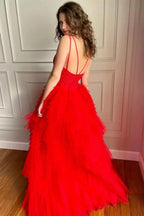 High Low A-line V Neck Tulle Lace Prom Dress Red Formal Evening Gowns by BIZTUNNEL
