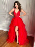 High Low A-line V Neck Tulle Lace Prom Dress Red Formal Evening Gowns by BIZTUNNEL