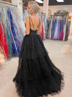 High Low A-line V-neck Tulle Prom Dress Black Formal Evening Dresses by BIZTUNNEL