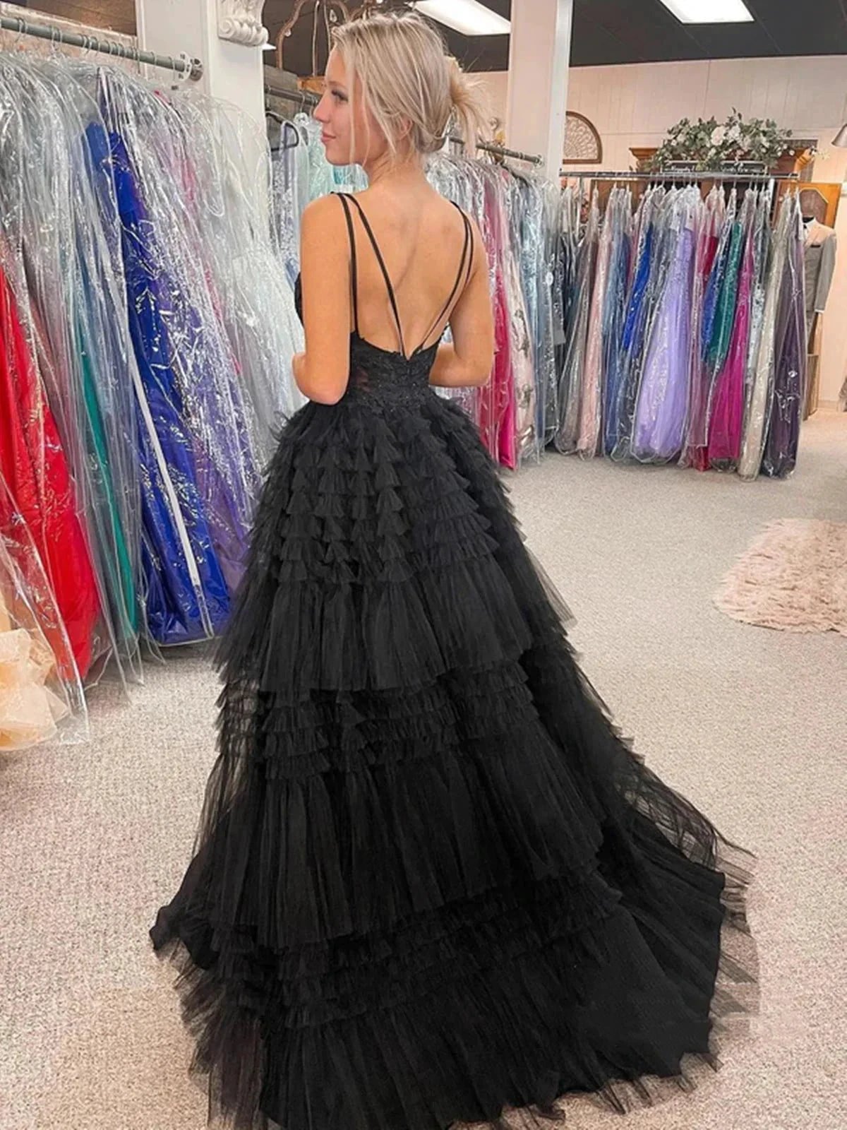 High Low A-line V-neck Tulle Prom Dress Black Formal Evening Dresses by BIZTUNNEL