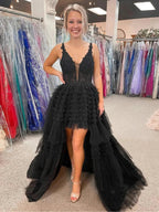 High Low A-line V-neck Tulle Prom Dress Black Formal Evening Dresses by BIZTUNNEL