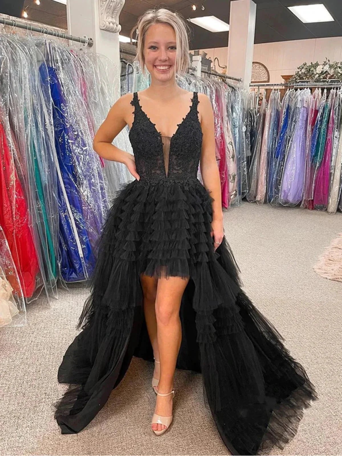 High Low A-line V-neck Tulle Prom Dress Black Formal Evening Dresses by BIZTUNNEL