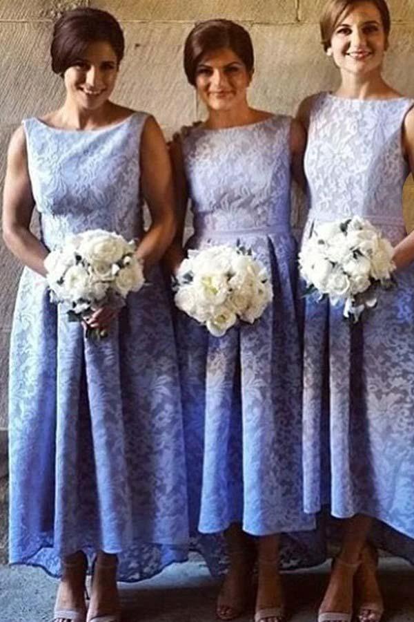 High Low Bateau Sleeveless Light Sky Blue Lace Bridesmaid Dress BD046 by pgmdress