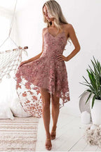 High Low Homecoming Dresses Spaghetti Straps Lace Short Prom Dress PD368 by pgmdress