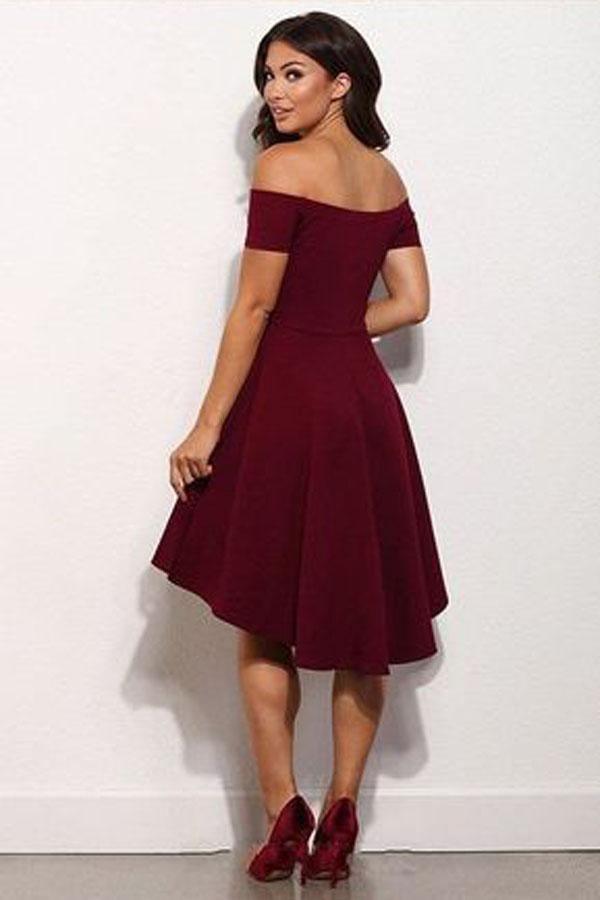High Low Off The Shoulder Burgundy Short Prom Dress Homecoming Dress  PD132 Main Image