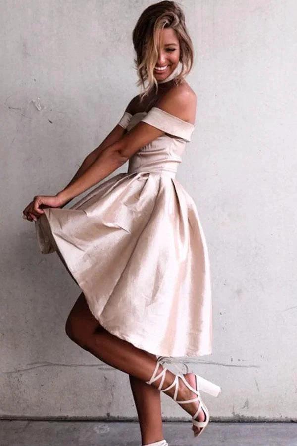 High Low Off-the-Shoulder Pleated Satin Homecoming Dress PG182 by pgmdress