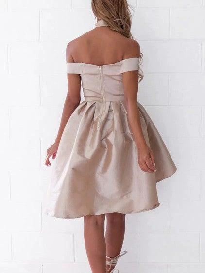 High Low Off-the-Shoulder Pleated Satin Homecoming Dress PG182 by pgmdress