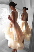 High Low Peach Lace Short Homecoming Dress Party Dresses PG142 by pgmdress